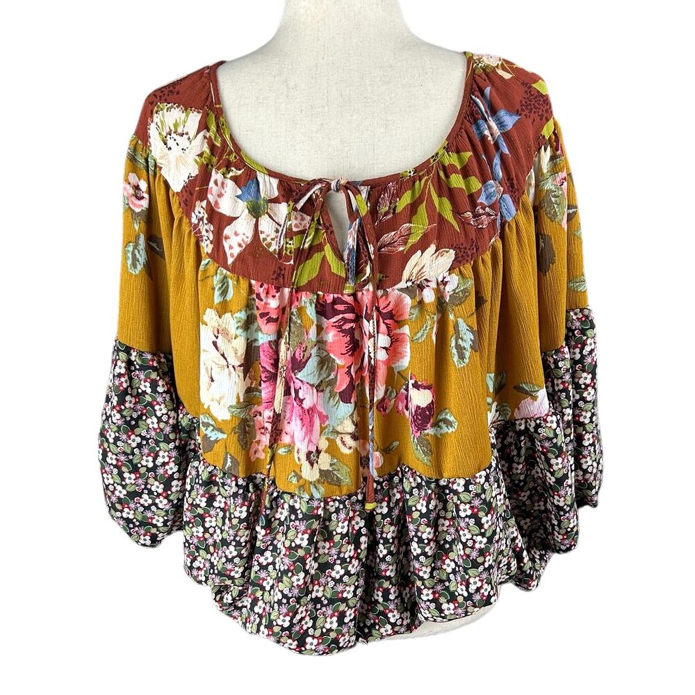 Oddy Floral Boho Elastic Hemline Tie Front Blouse Size S/M